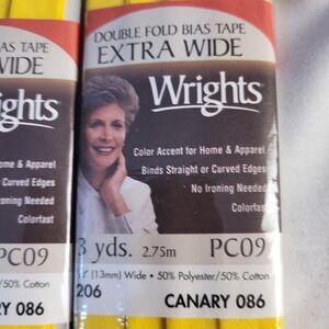 2 - Wrights Double Fold Bias Tape - Extra Wide - Canary 086 - 3 yds x 1/2"